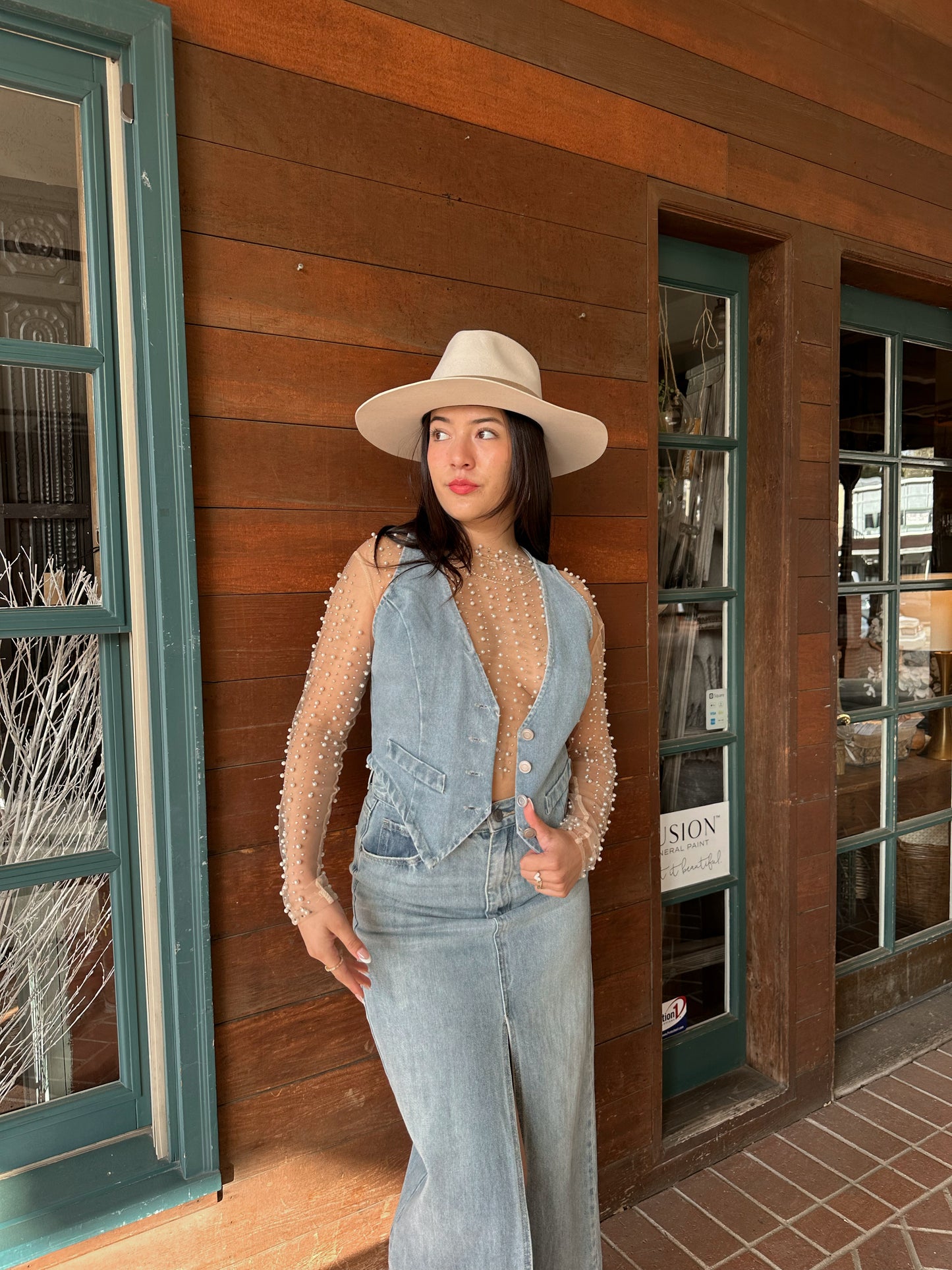 Cropped Mesh Sequins & Pearl Top