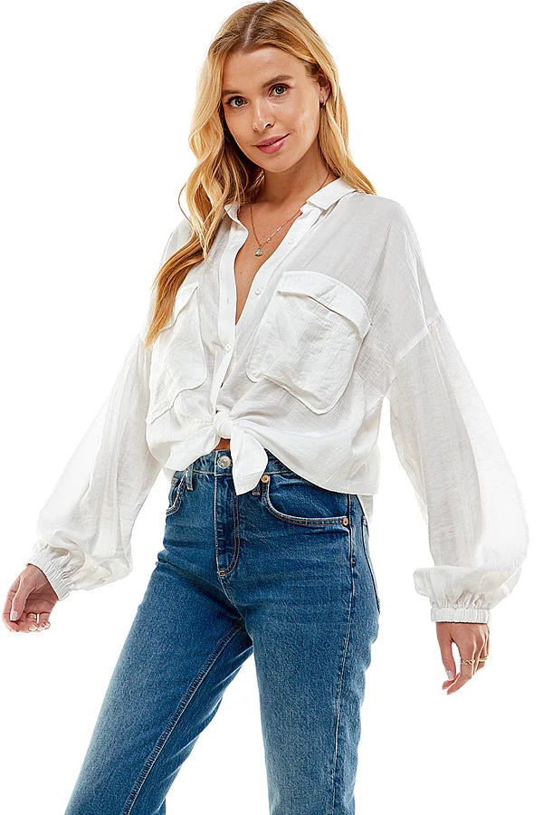 Angela Button Up Blouson Sleeve Oversized Top