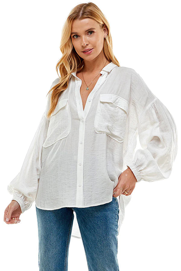 Angela Button Up Blouson Sleeve Oversized Top