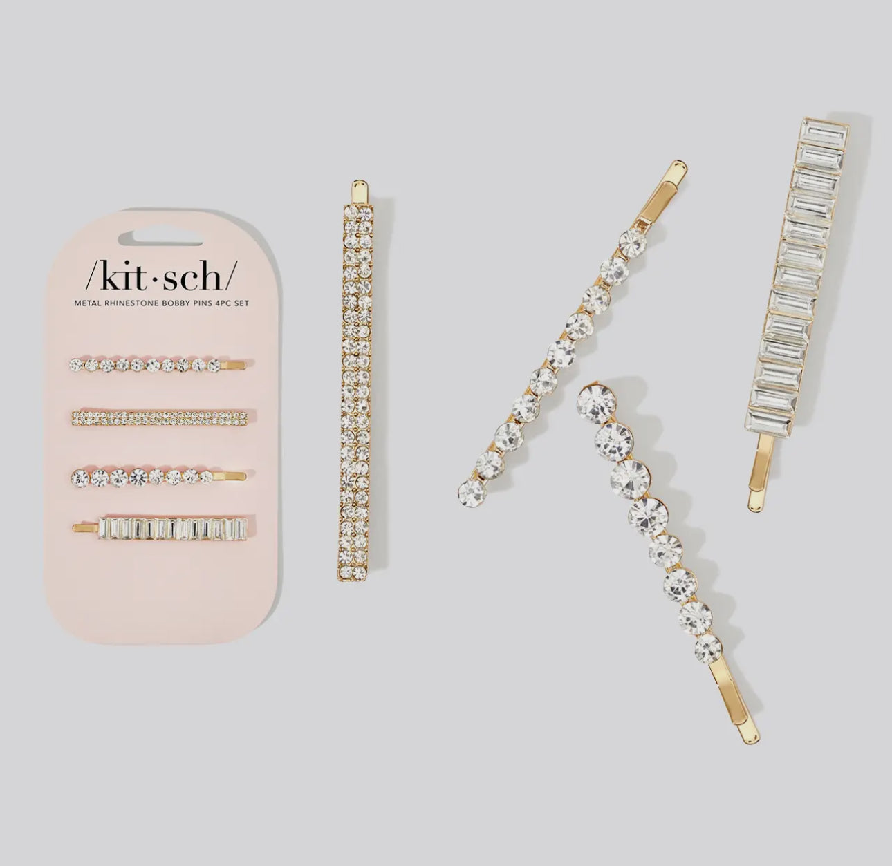 Metal Rhinestone Assorted Bobby Pins 4-Piece Set Gold