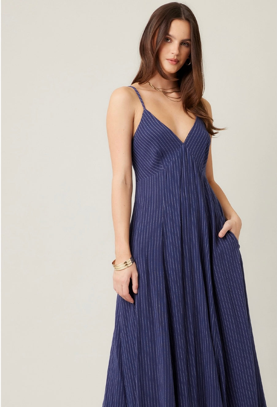 Linen Blue Striped Maxi Dress