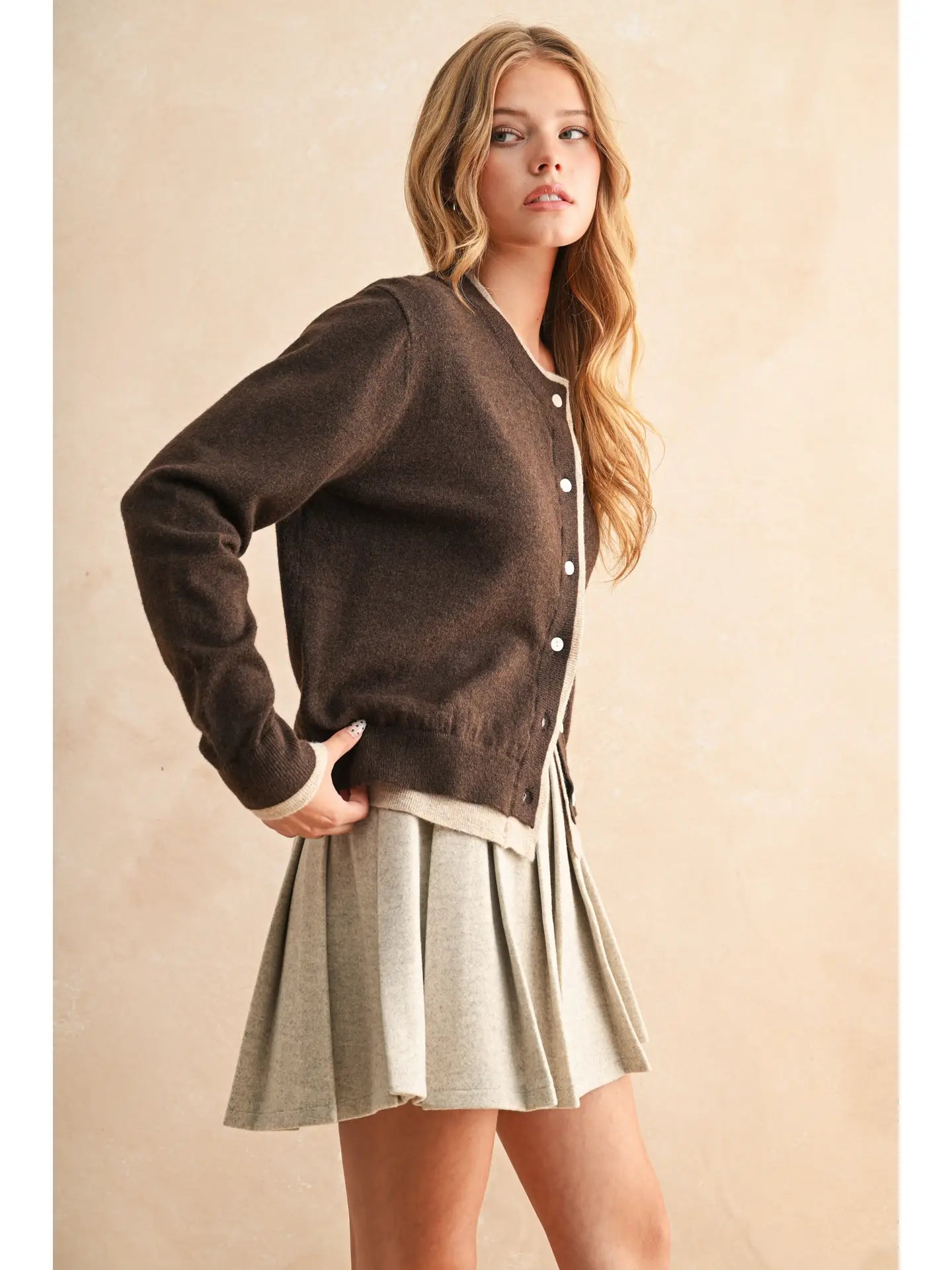 Color Contrast Front Button Cardigan