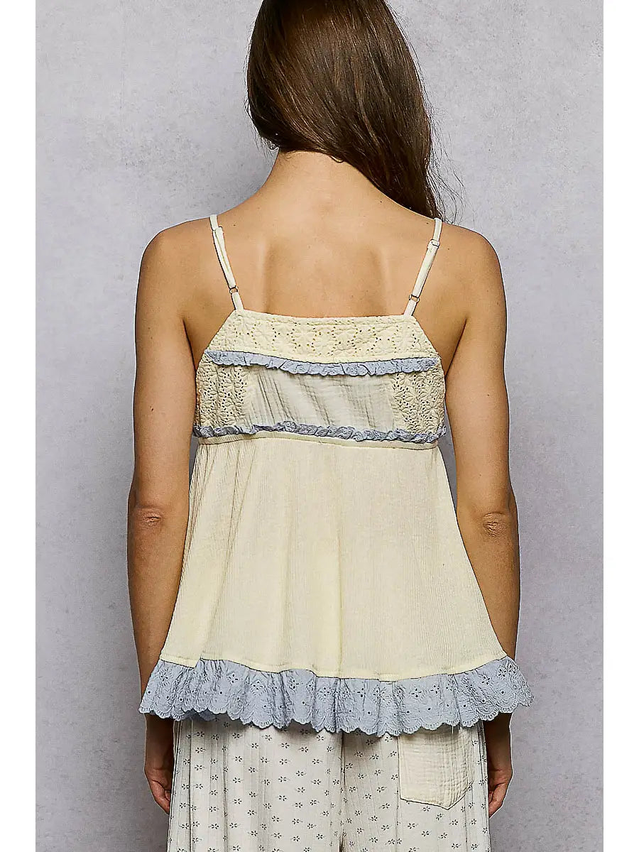 Eyelet Patch Ruffle Trim Adjustable Strap Solid Sleeveless