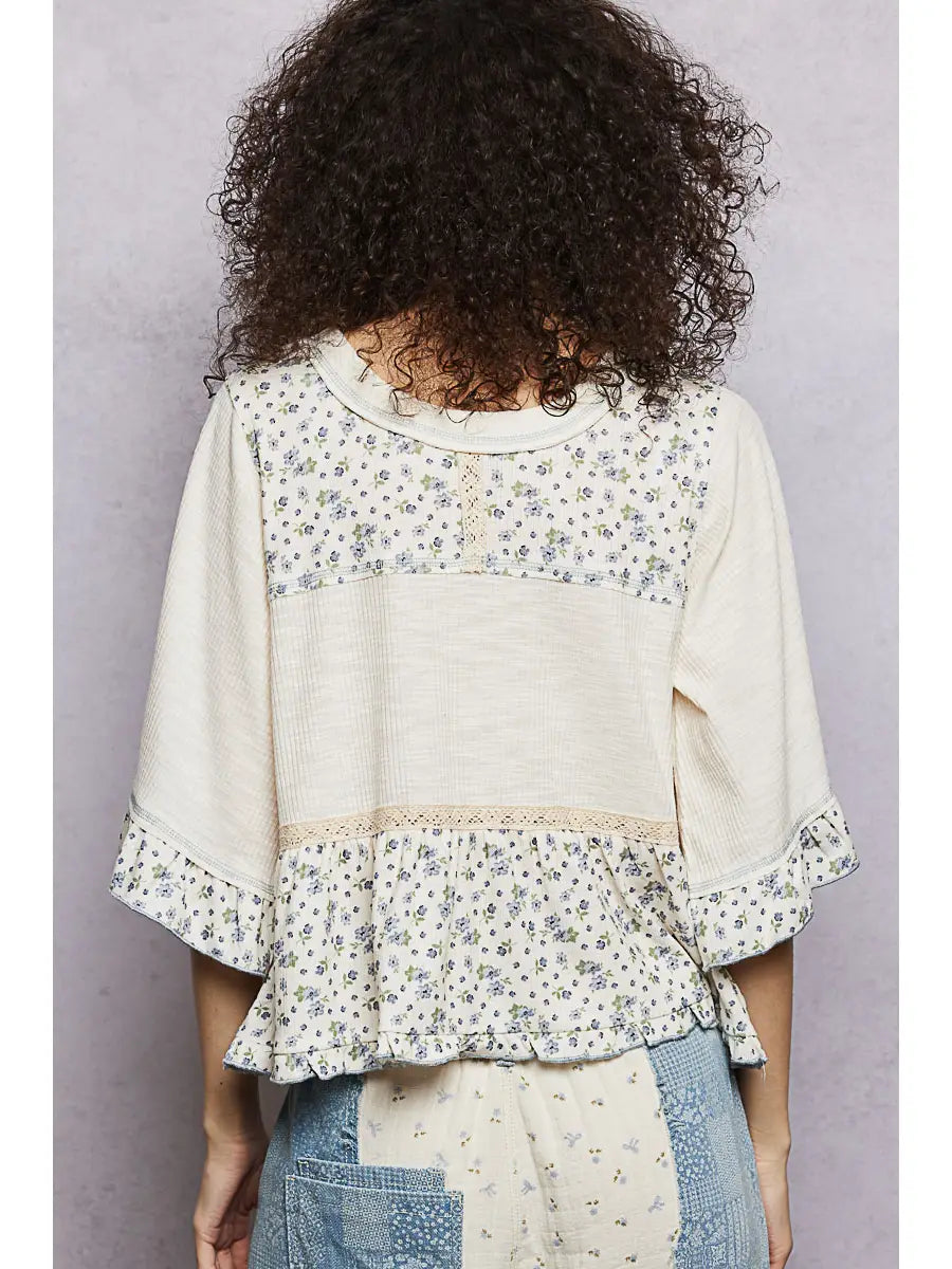 Round Neck Floral Patchwork Ruffle Top