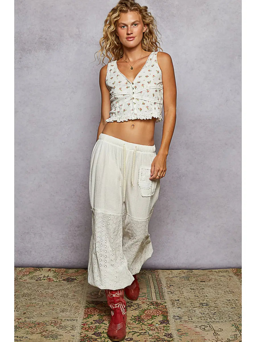V-Neck Sleeveless Lace Ribbed Knit Top