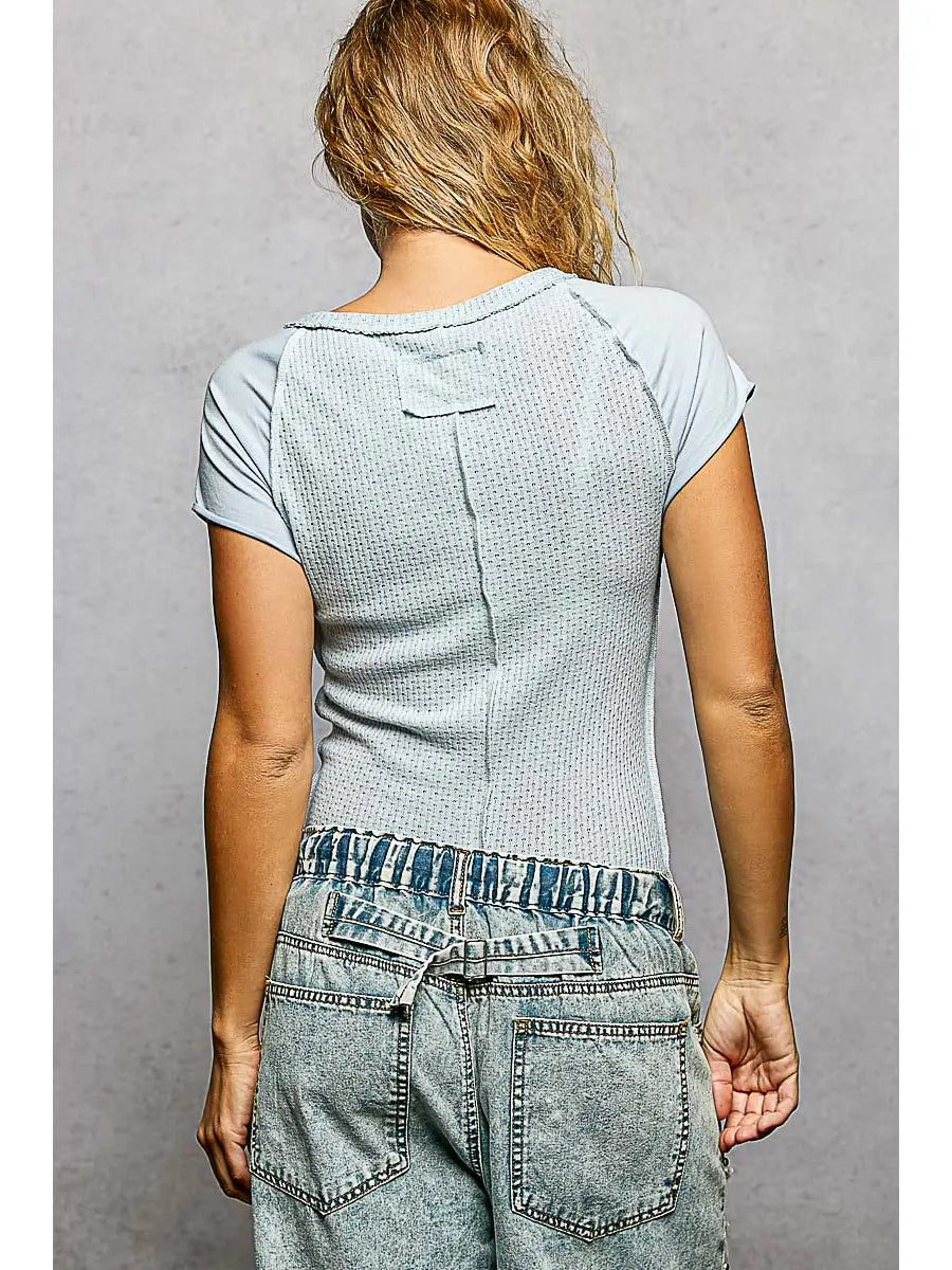 Round Neck Textured Knit Top Contrast Raglan Outseam