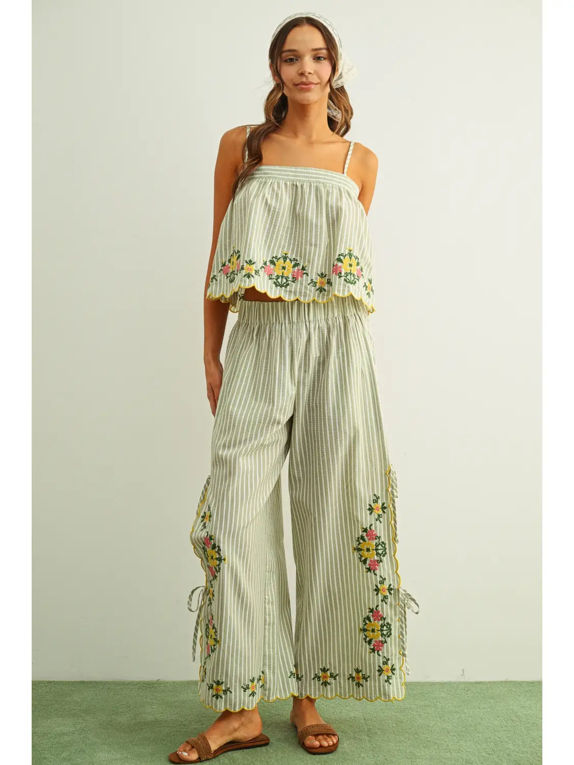 Floral Embroidery Striped Top