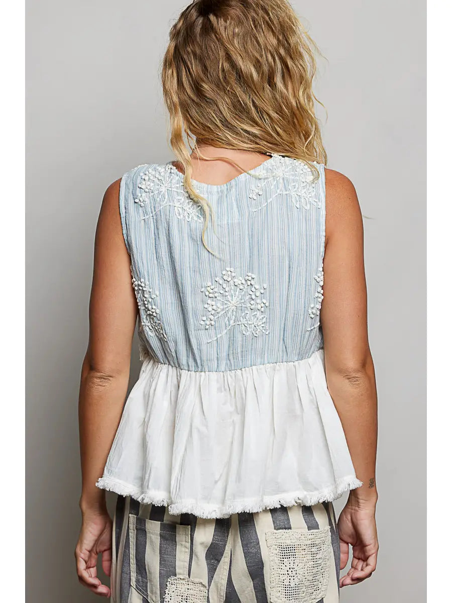 V-Neck Ruffle Fringe Point Embroidery Sleeveless Woven Top
