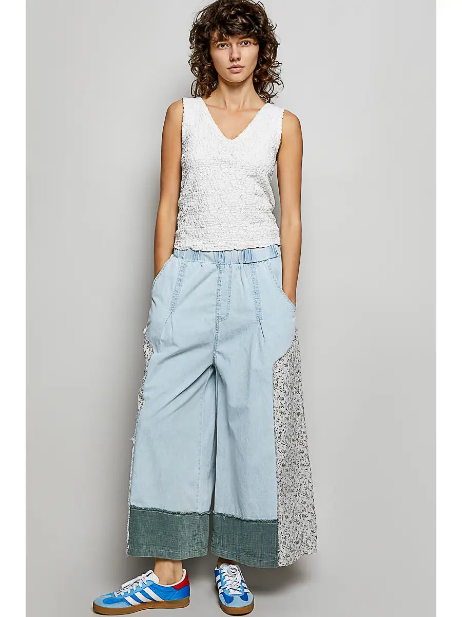Floral Patch Elastic Waist Wide Pants