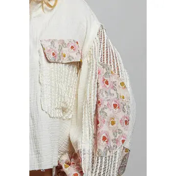 Balloon Sleeve Double Gauze Floral Placket Jacket