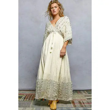 V-Neck Metal Button Down Textured Linen Solid Maxi Dress