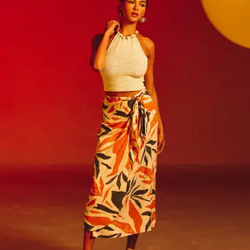 Tropical Leaf Crochet Contrast Halter Top