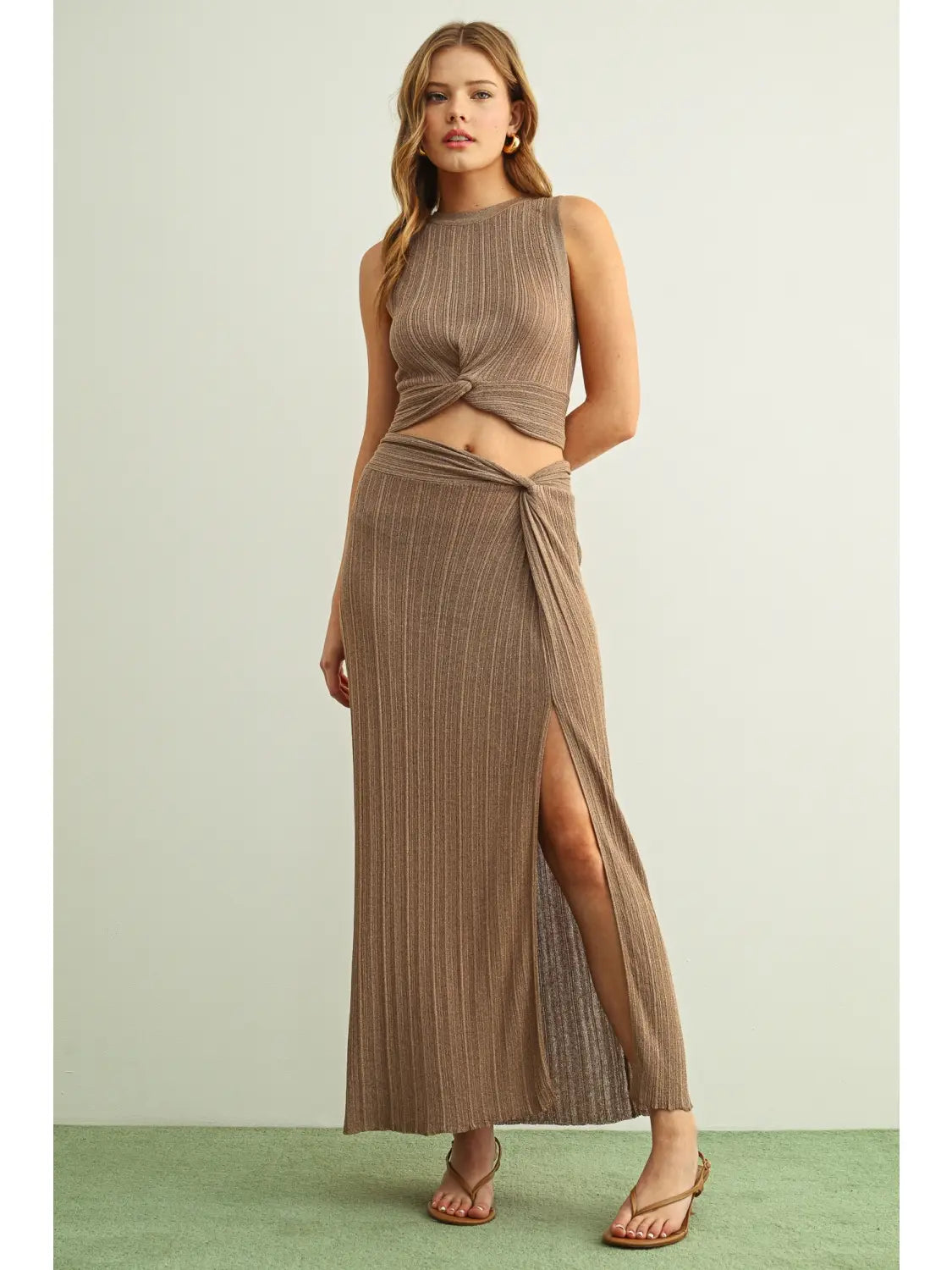 Ribbed Twist Front Sleeveless Knitted Crop Top
