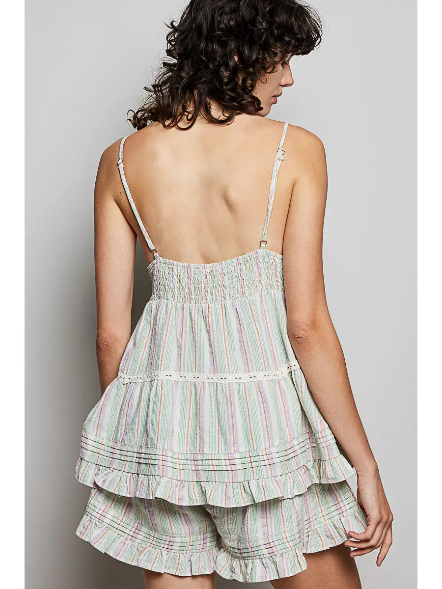 Floral Cotton Pintuck Ruffle Button Down Cami Top