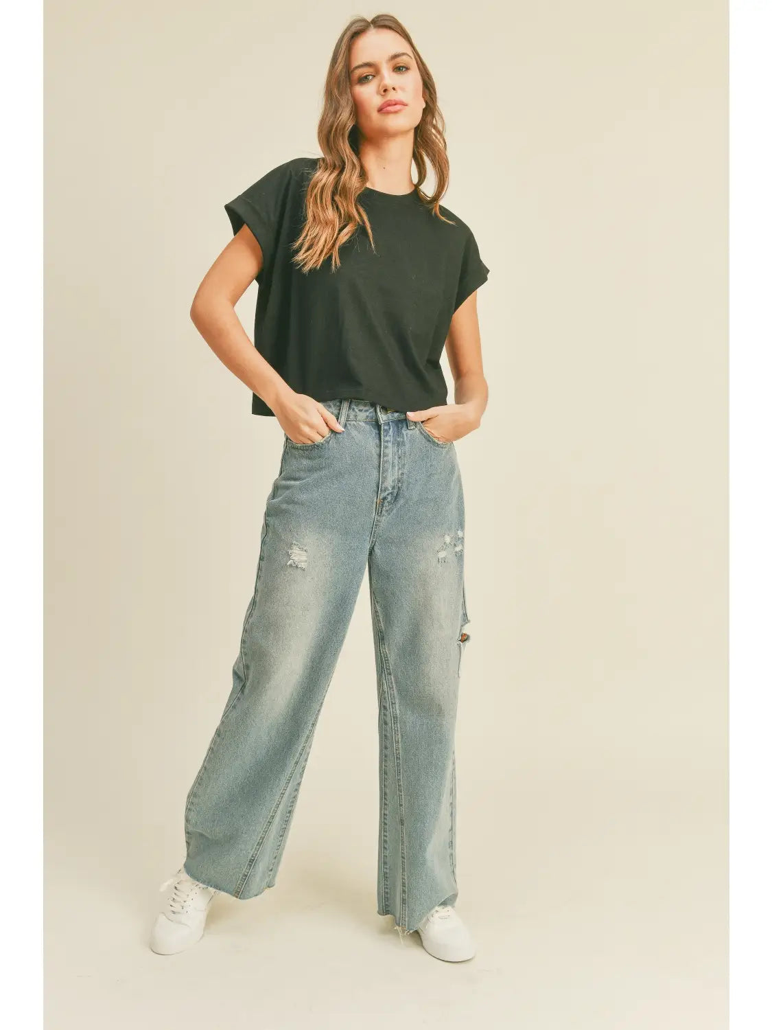 Round Neck Cuffed Sleeve Top
