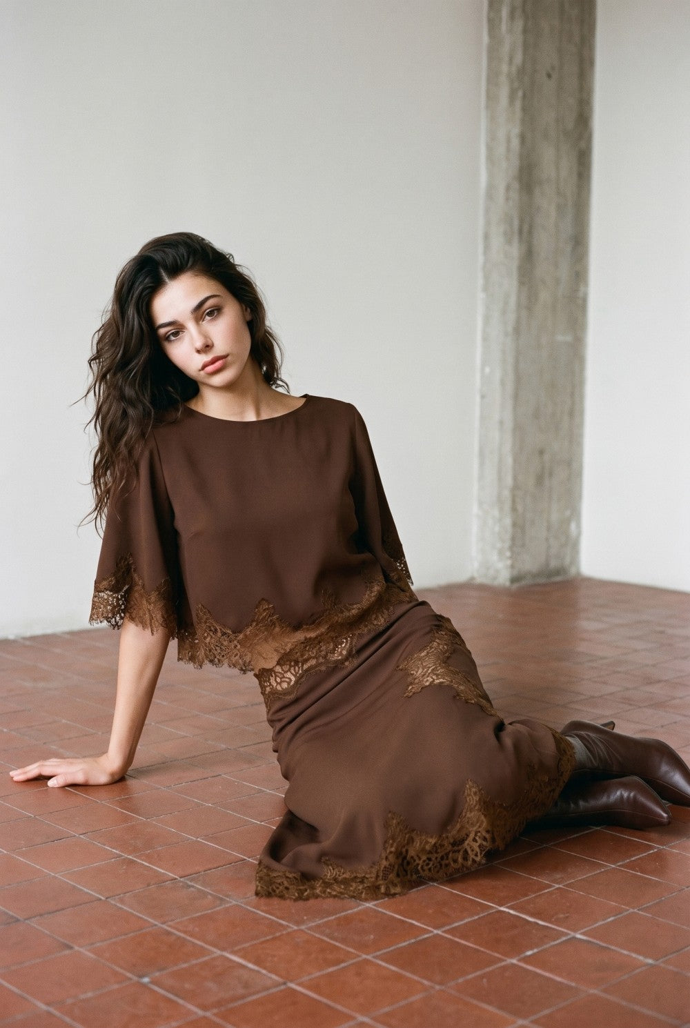 Lace Hem Twill Satin Skirt