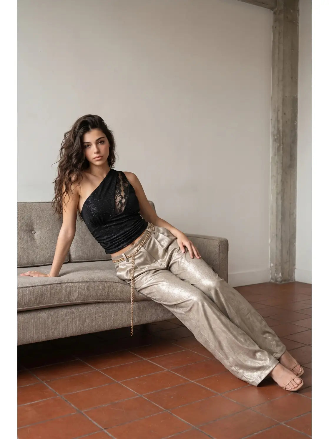 Foiled Satin Pleated Pants
