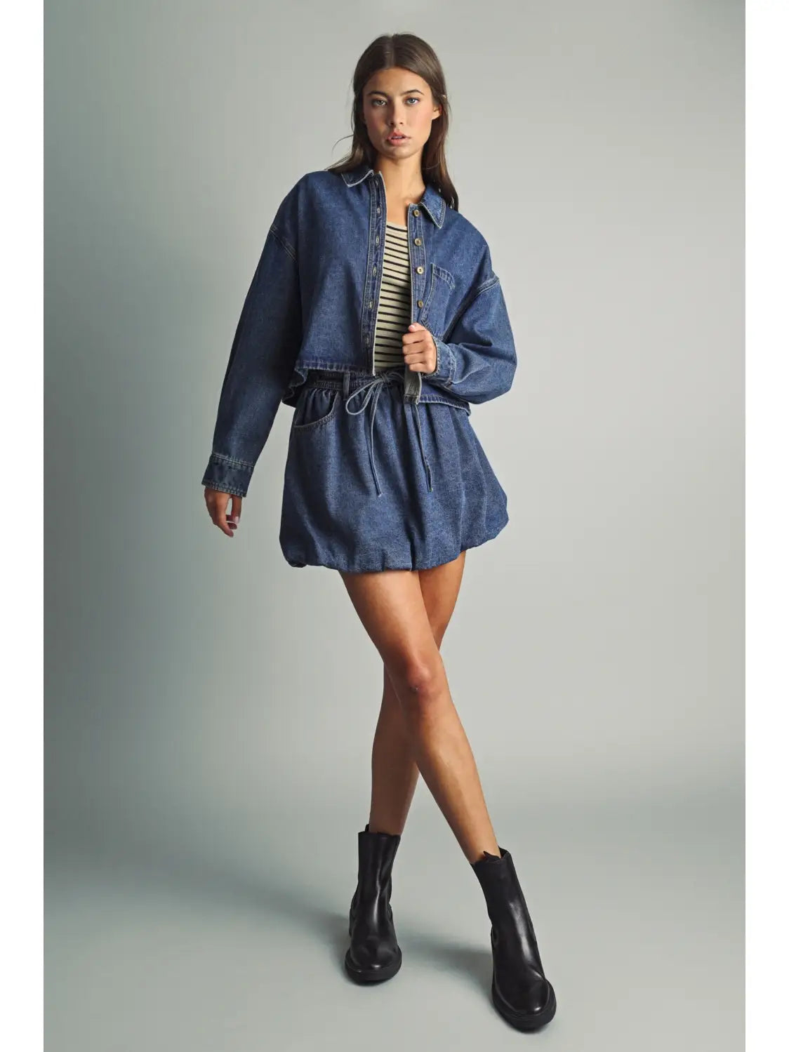 Indigo Denim Button Front Crop Jacket