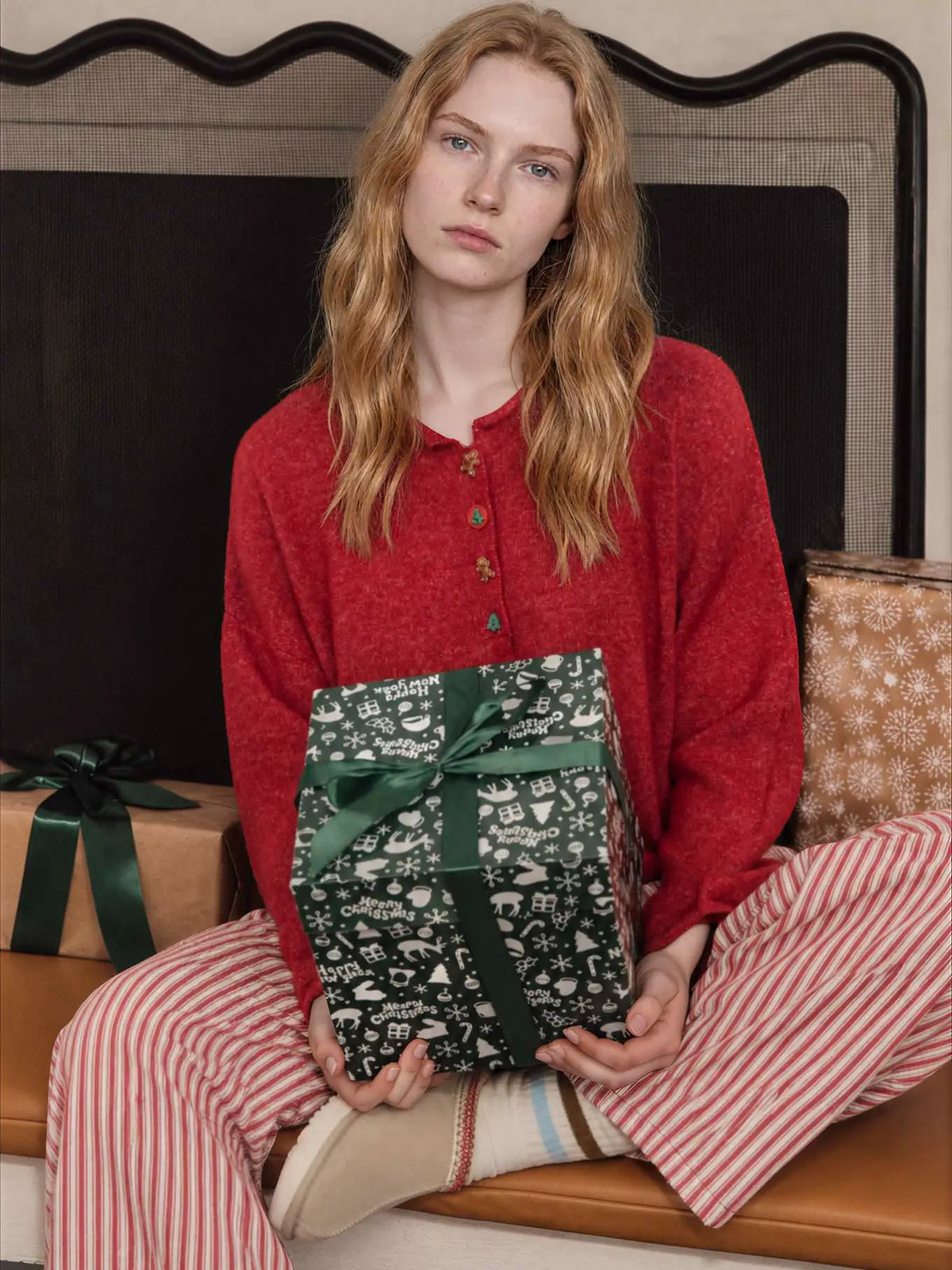 Novelty Holiday Button Henley Pullover Sweater