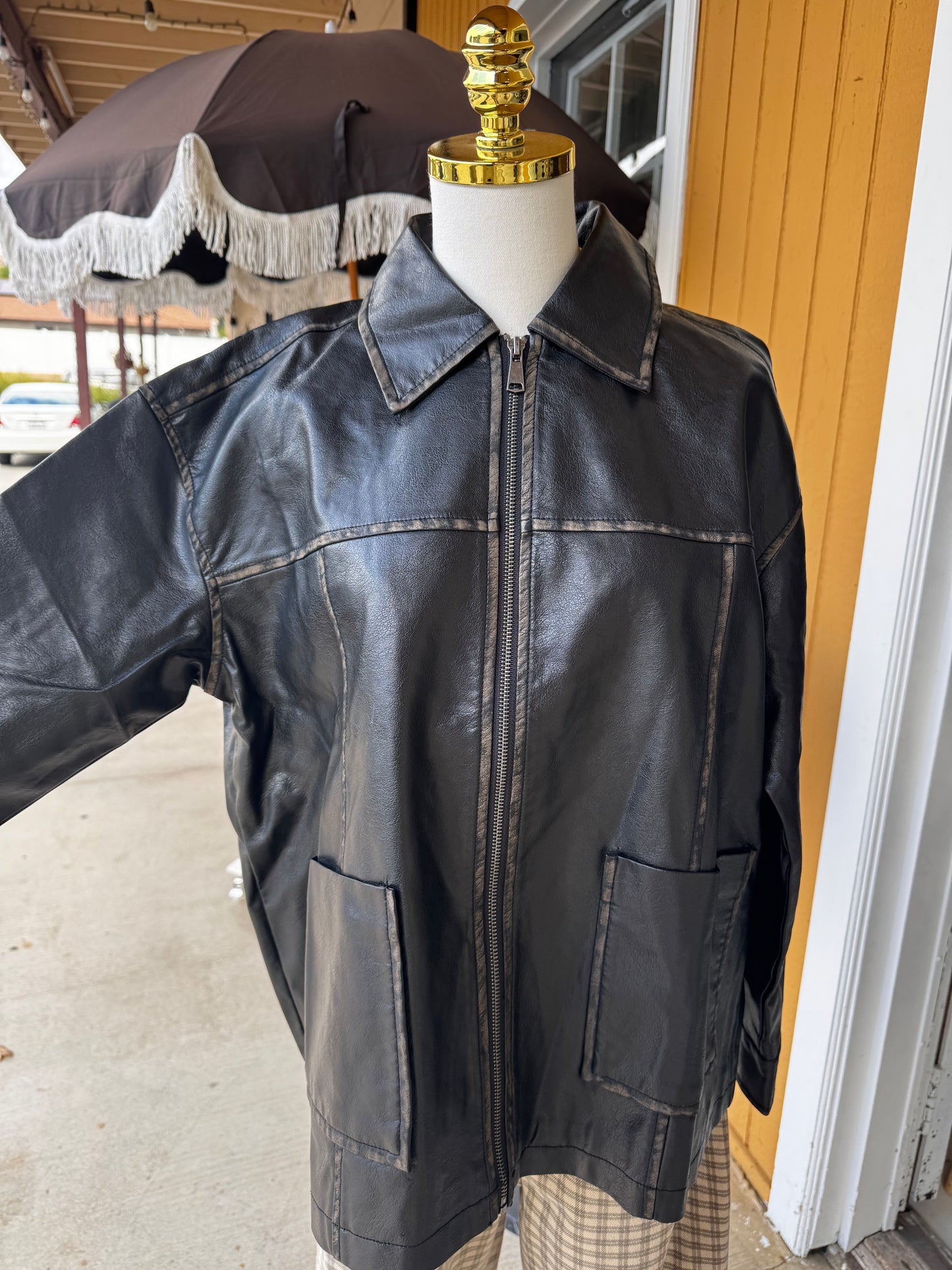 Faux Leather Collared Jacket