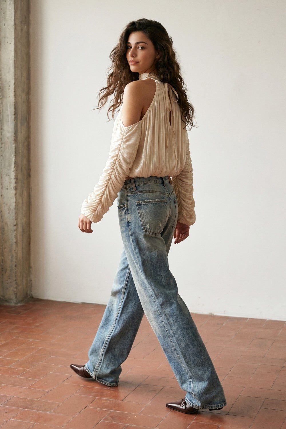 Cold-Shoulder Pleated Halter Blouse