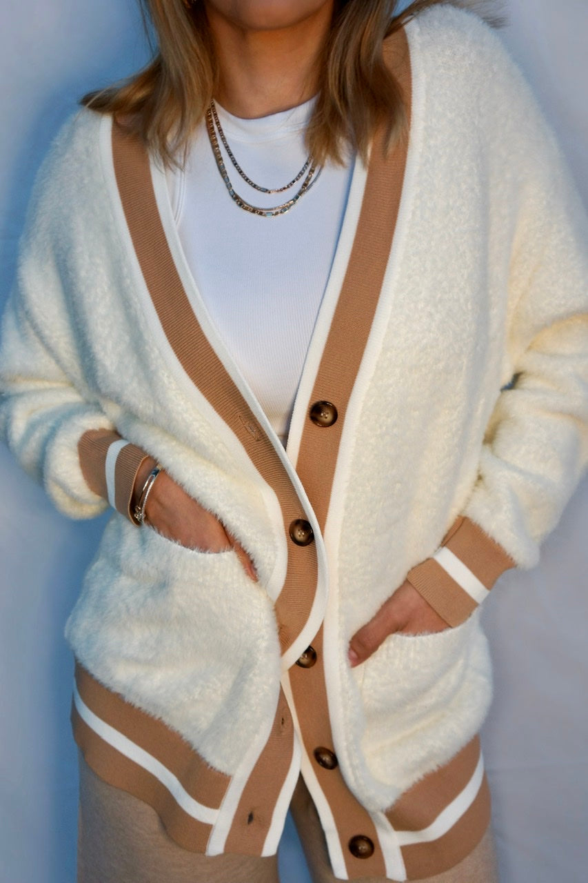 Ivory Much Love Fuzzy & Soft Rib Trimmed Cardigan