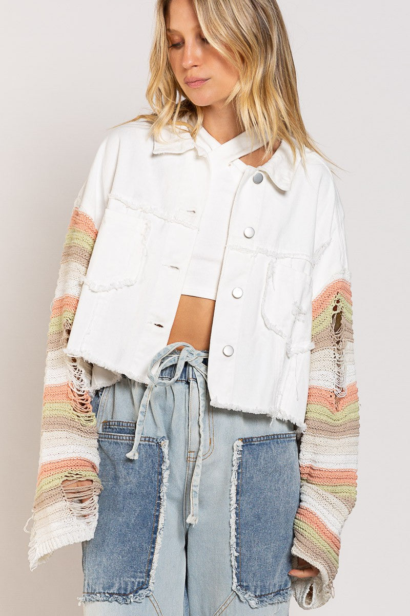 On My Level Crochet Sleeve Denim Jacket