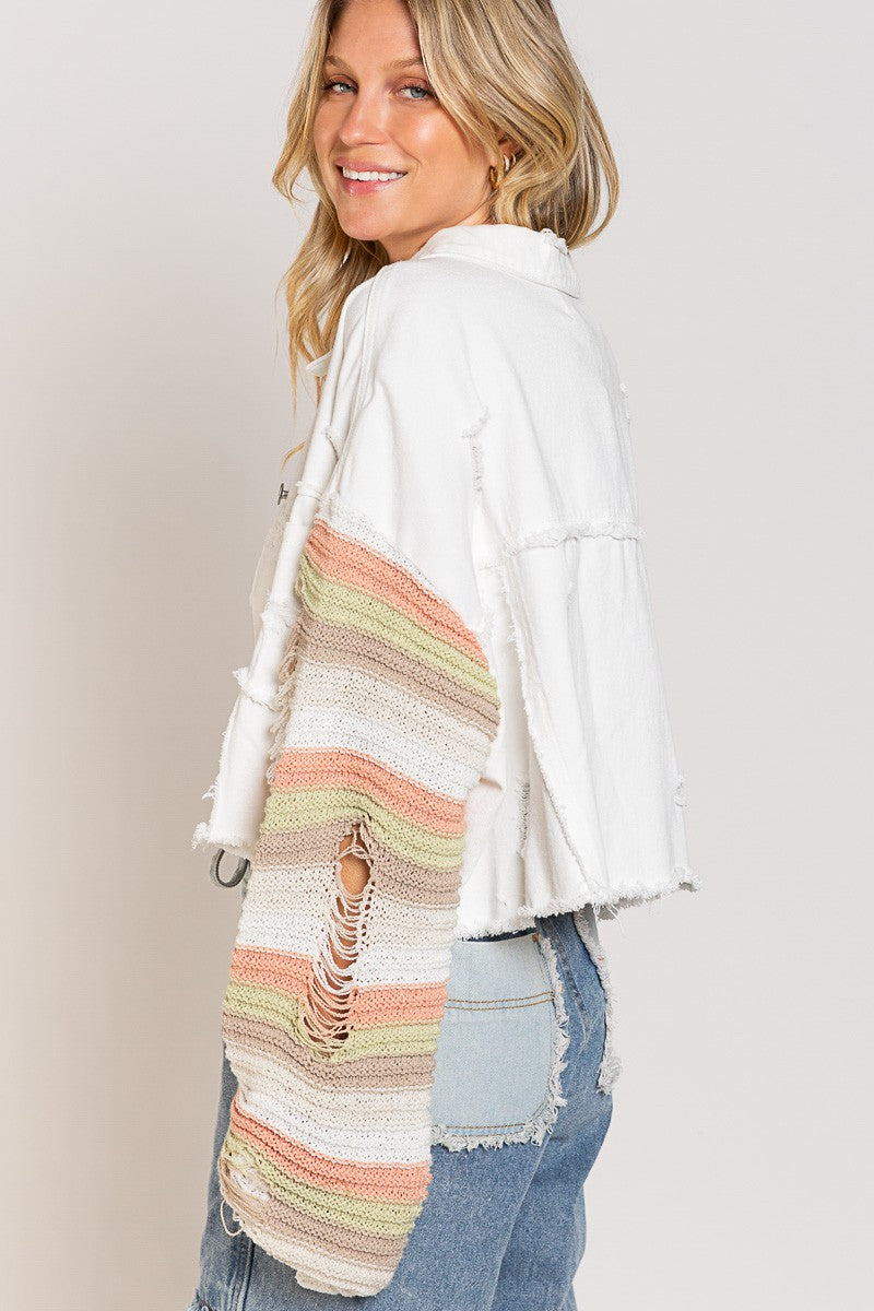 On My Level Crochet Sleeve Denim Jacket