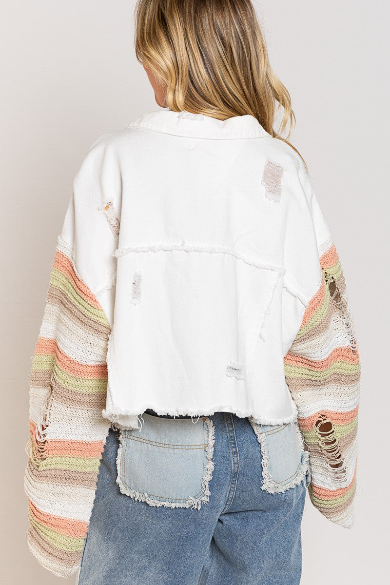 On My Level Crochet Sleeve Denim Jacket