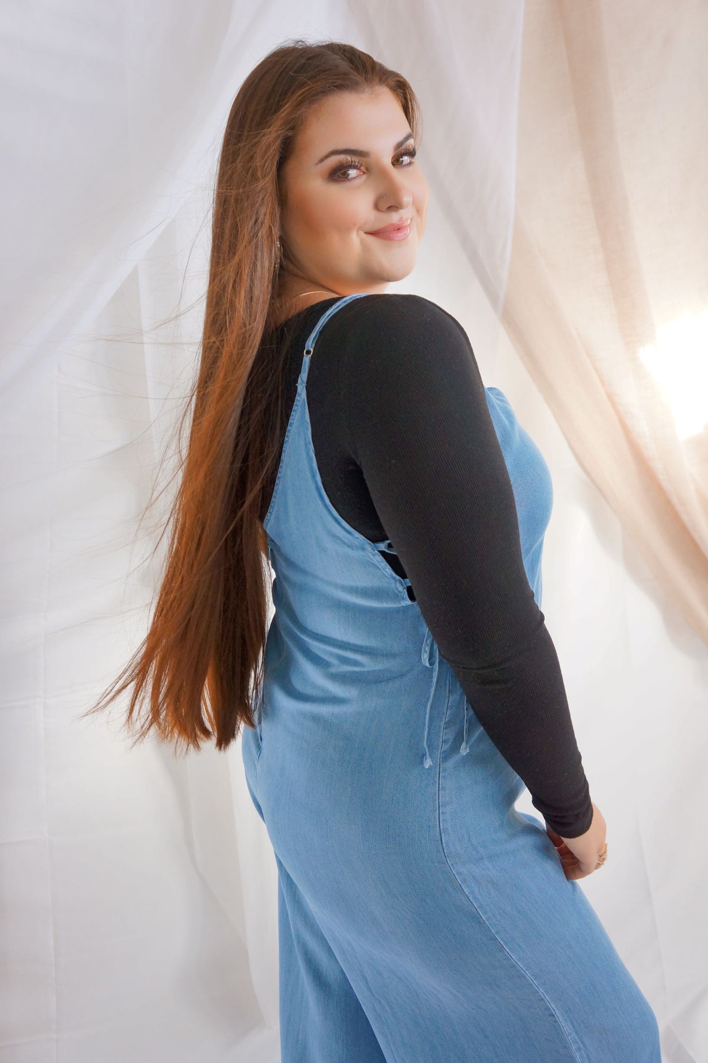 Vitamin C-ycnhed Waist Light Wash Denim Jumpsuit