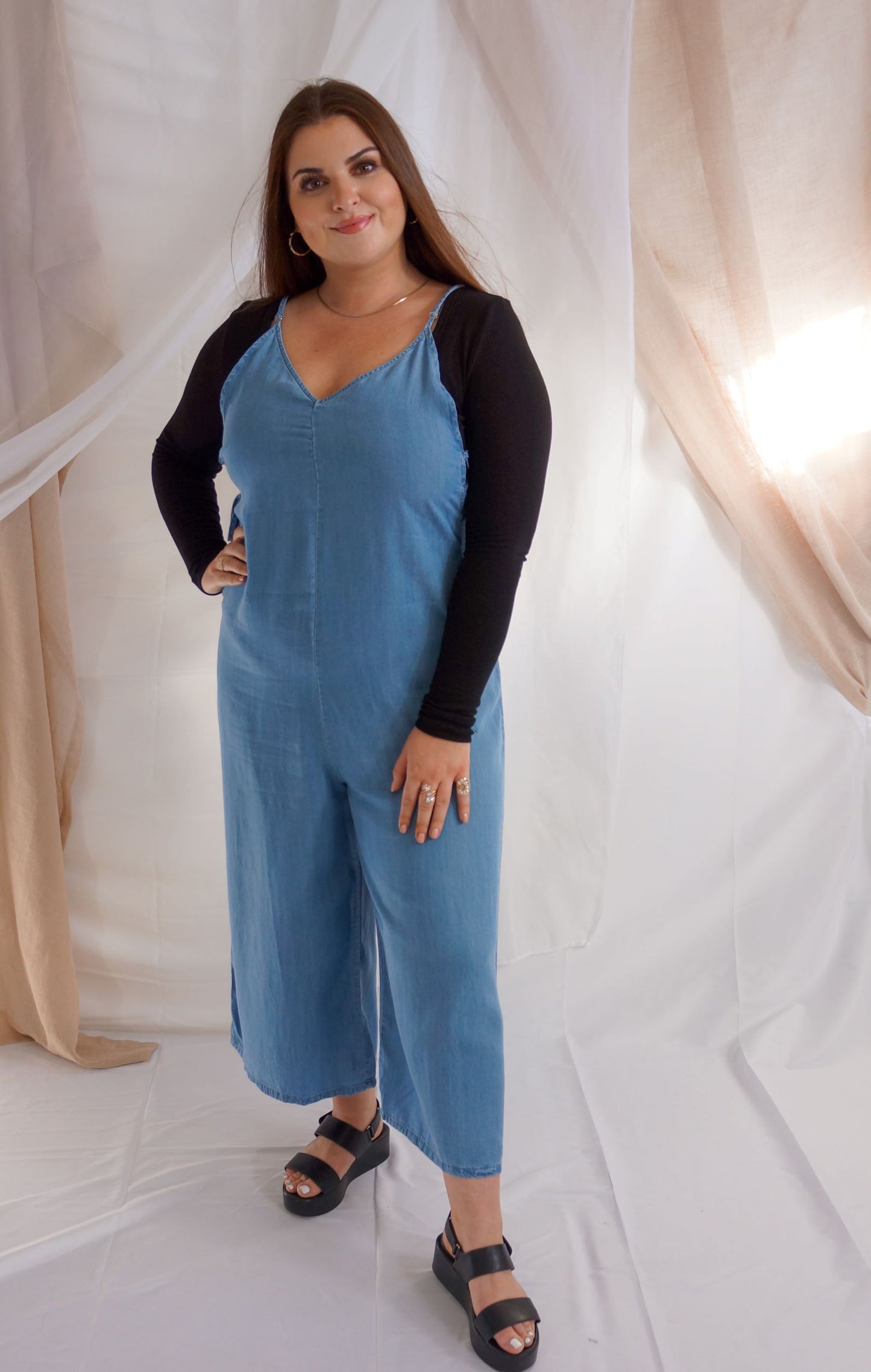 Vitamin C-ycnhed Waist Light Wash Denim Jumpsuit