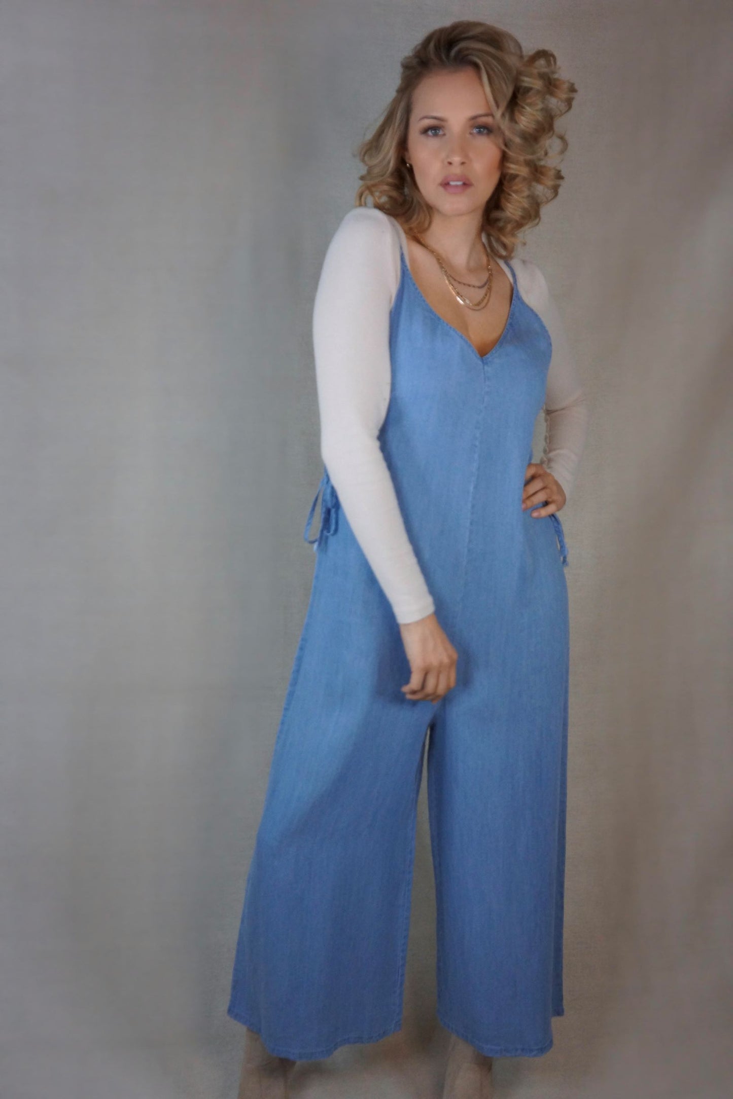 Vitamin C-ycnhed Waist Light Wash Denim Jumpsuit