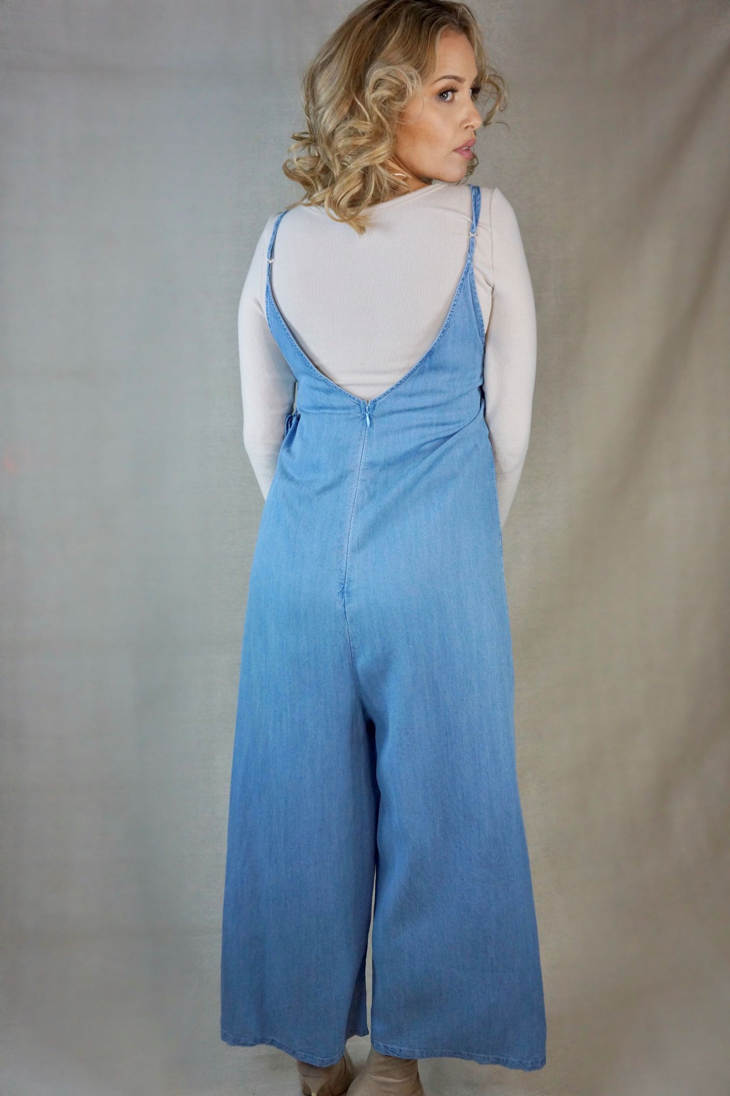 Vitamin C-ycnhed Waist Light Wash Denim Jumpsuit