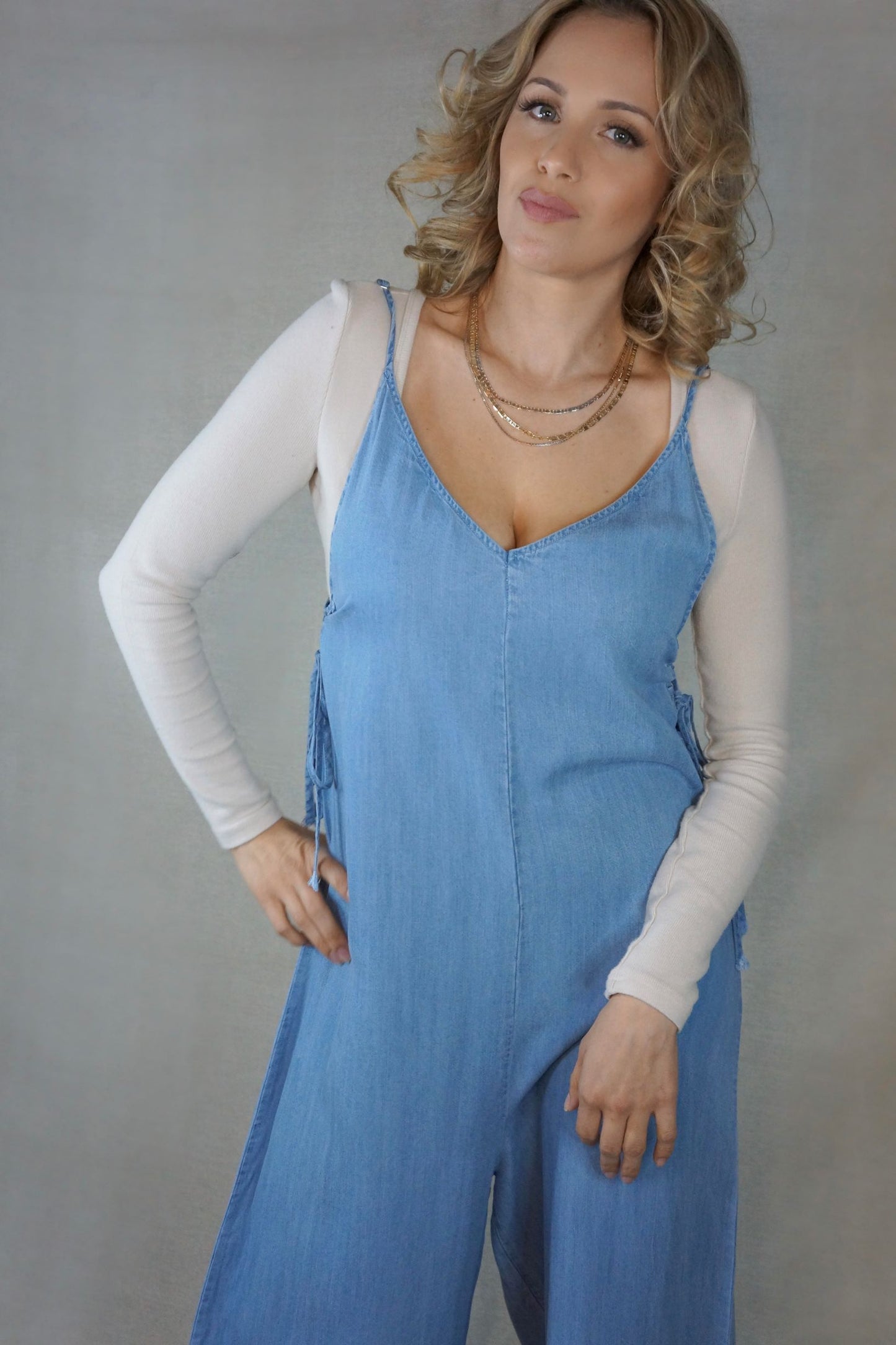 Vitamin C-ycnhed Waist Light Wash Denim Jumpsuit