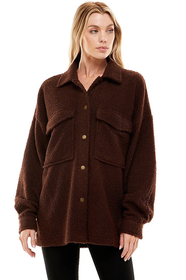 COCOA TEDDY BUTTON DOWN SHACKET