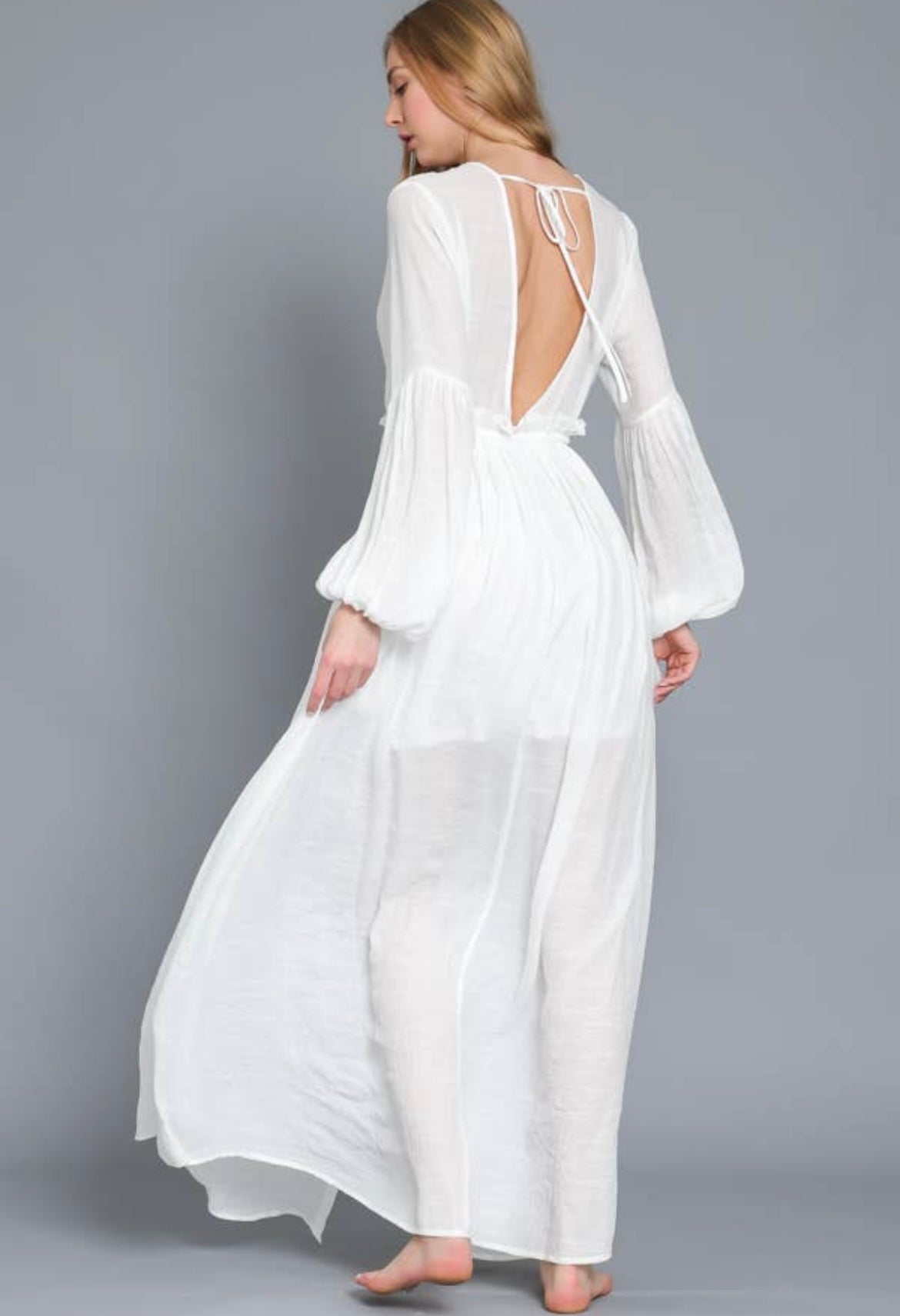 Off White Long Sleeve Lace Trim Maxi Dress