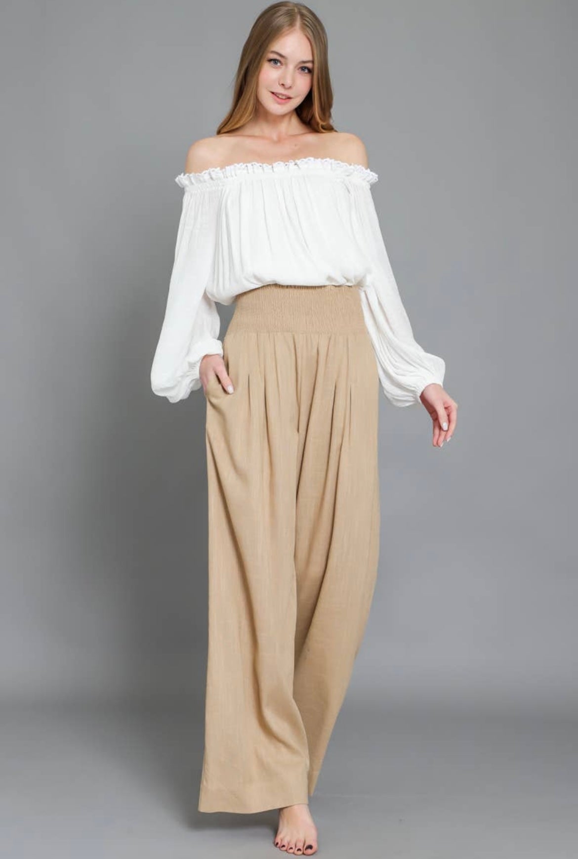 Camel Smocked Trousers