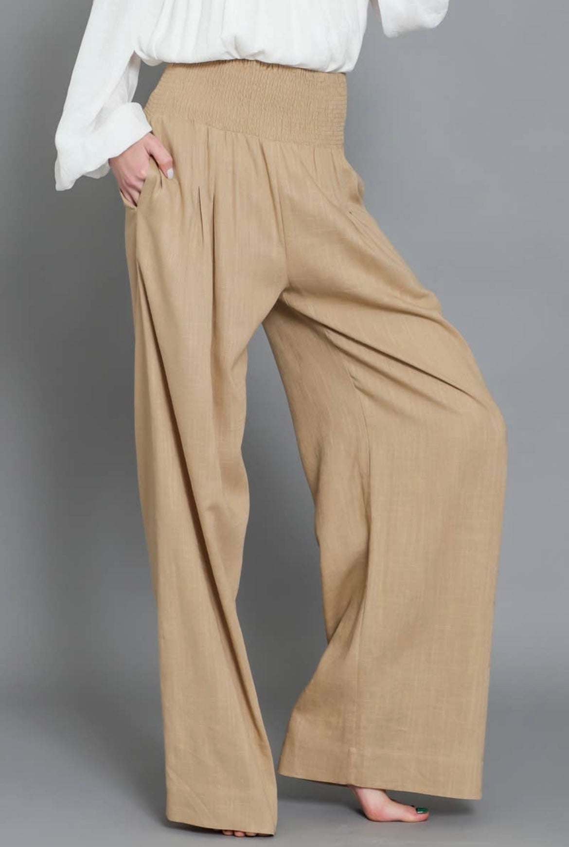 Camel Smocked Trousers