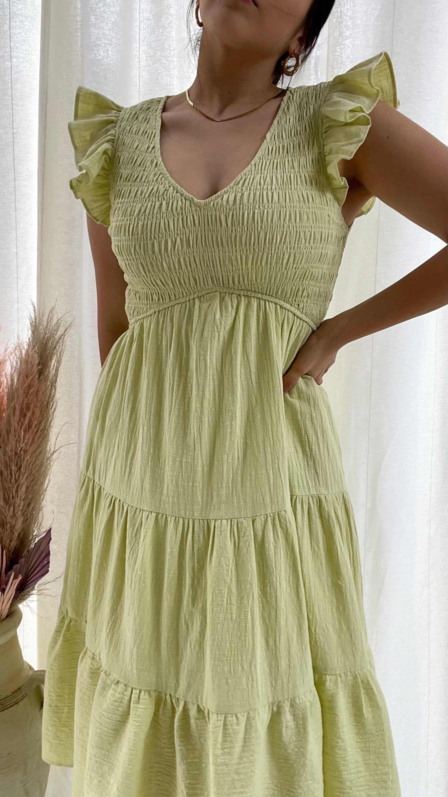 SLICE OF KEY LIME V-NECK SMOCKED TIERED MIDI DRESS