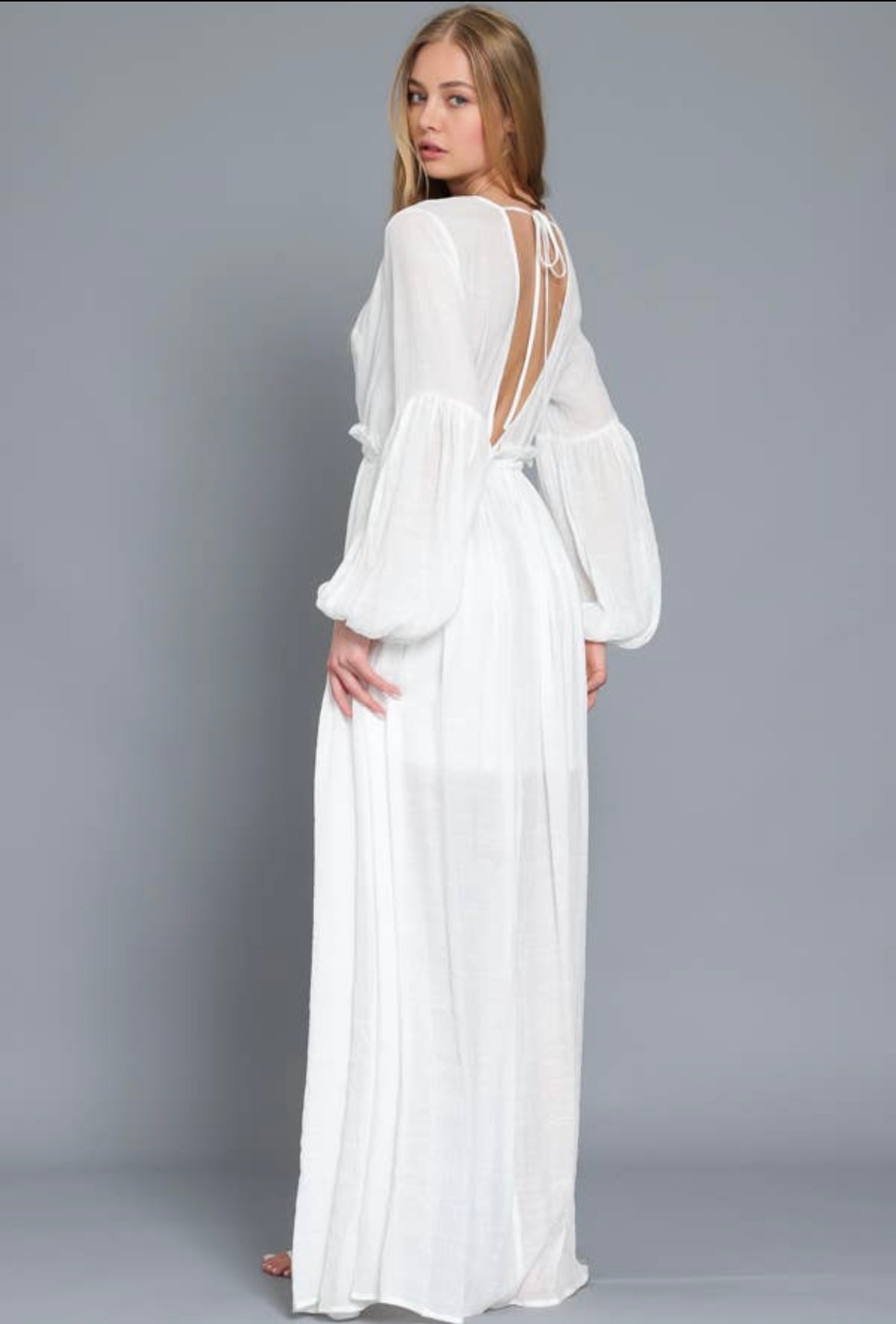 Off White Long Sleeve Lace Trim Maxi Dress