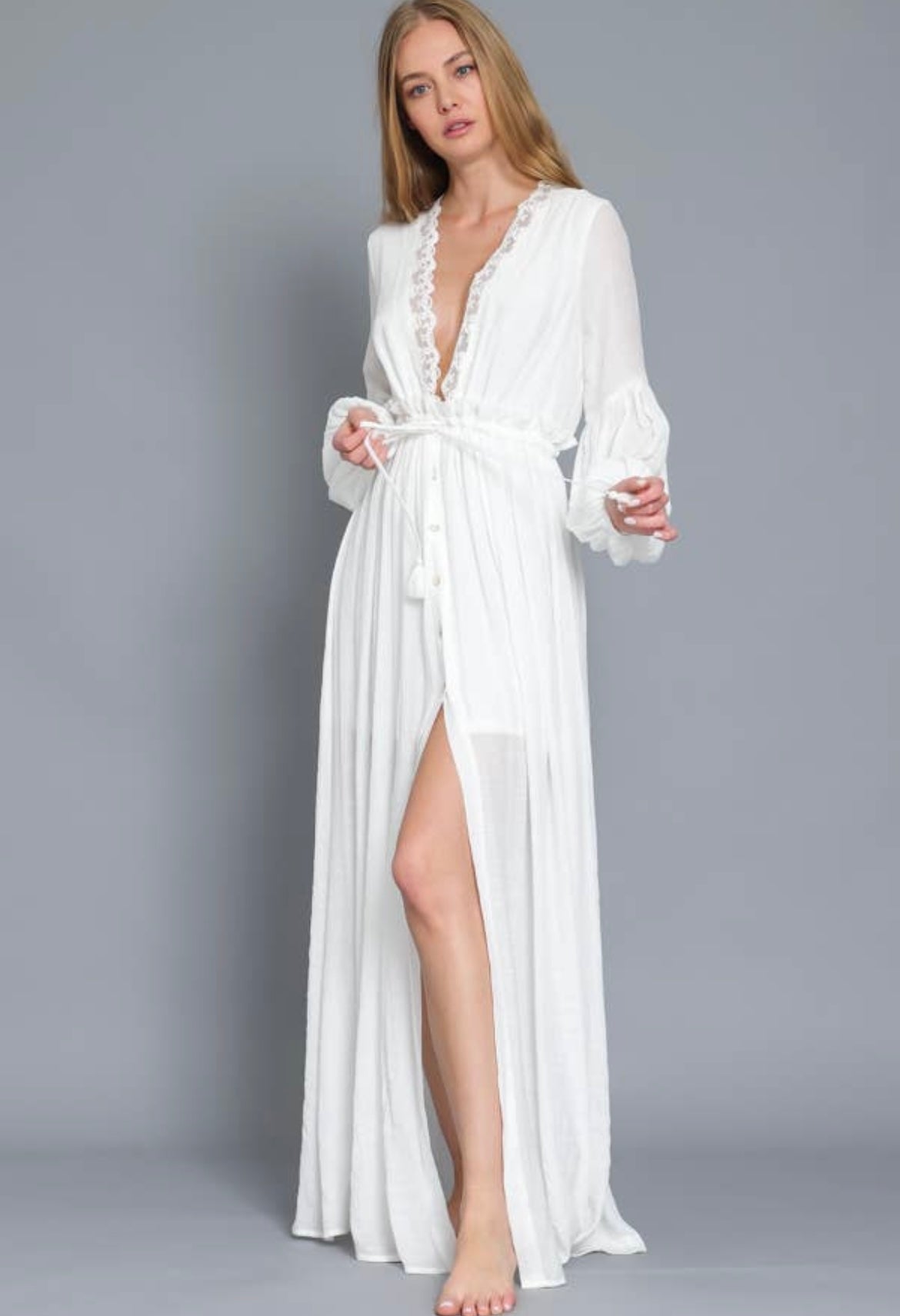 Off White Long Sleeve Lace Trim Maxi Dress