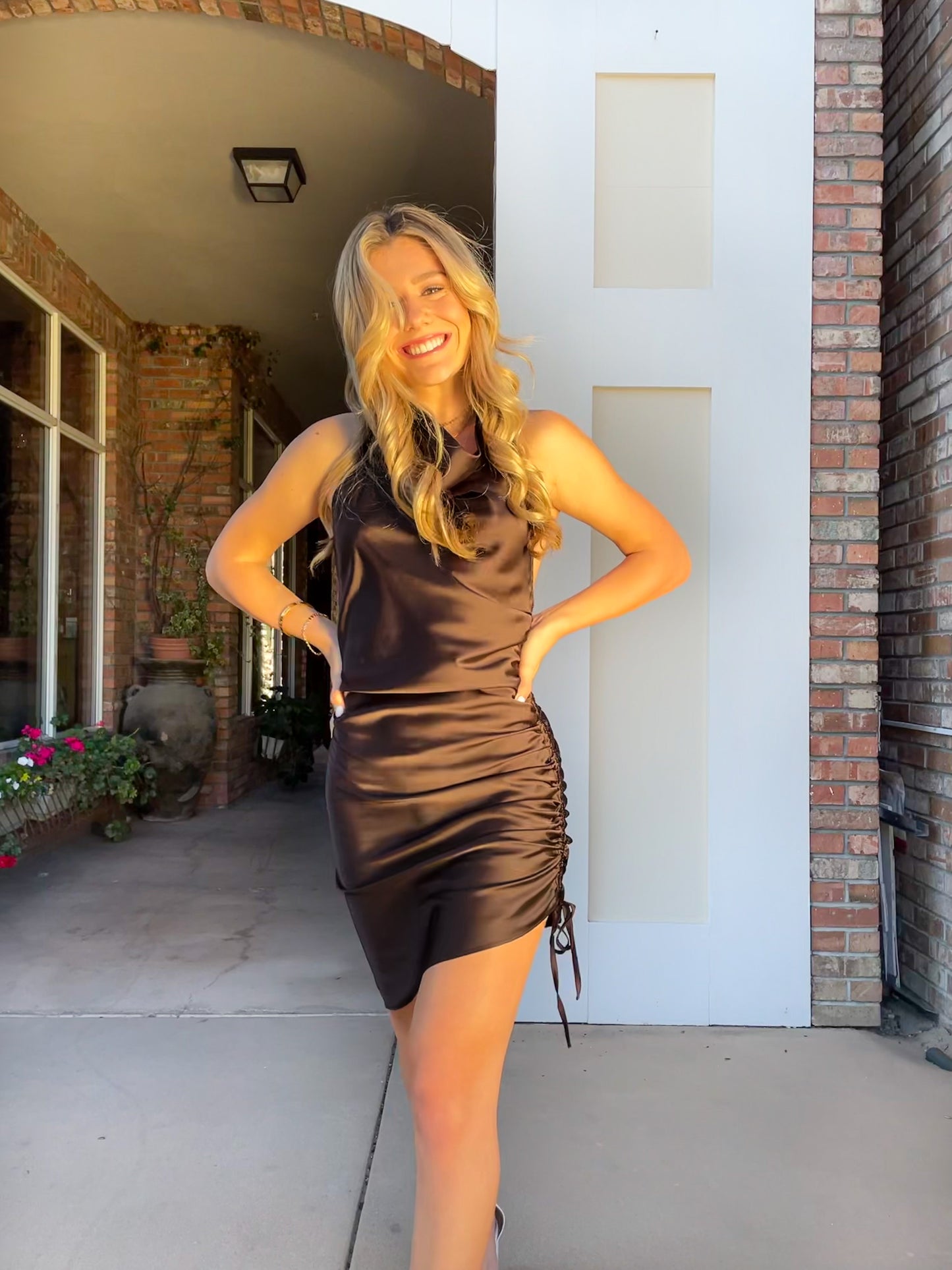 DANIELA RUCHED MINI SATIN DRESS