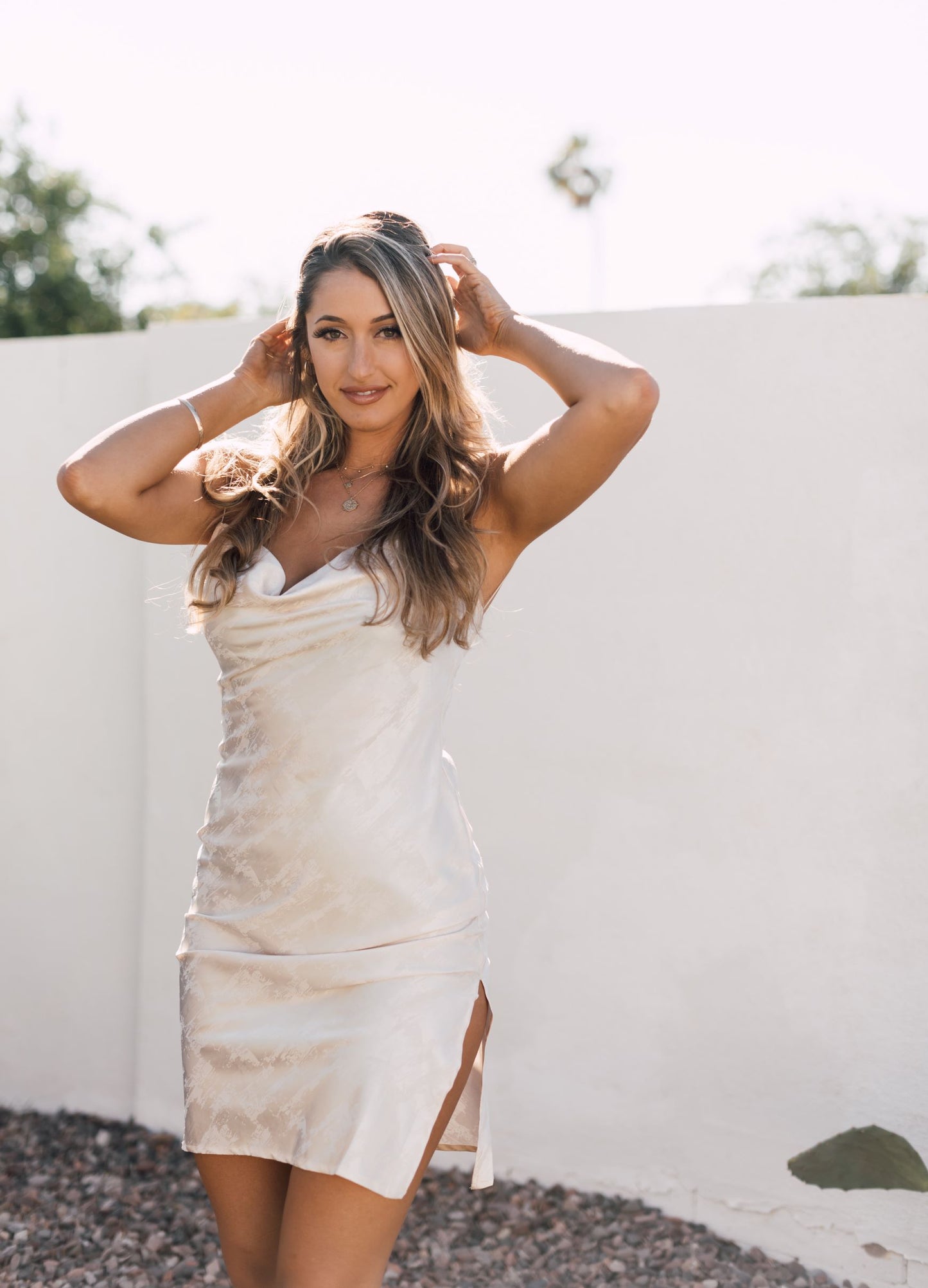CHAMPAGNE POPPIN’ SATIN MIDI DRESS
