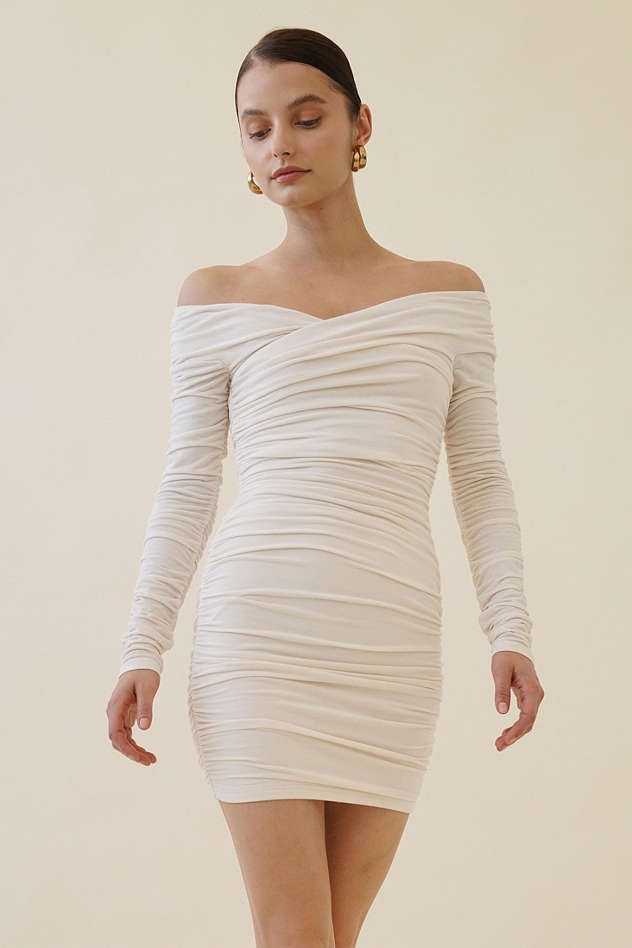 FIRST IMPRESSIONS KNIT OFF THE SHOULDER DRESS