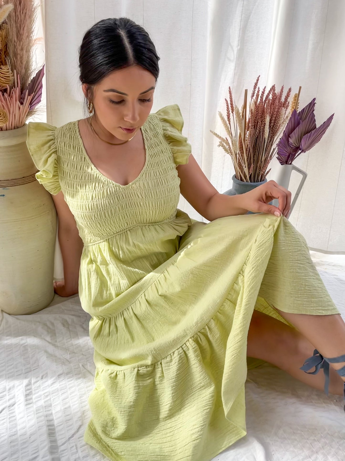 SLICE OF KEY LIME V-NECK SMOCKED TIERED MIDI DRESS