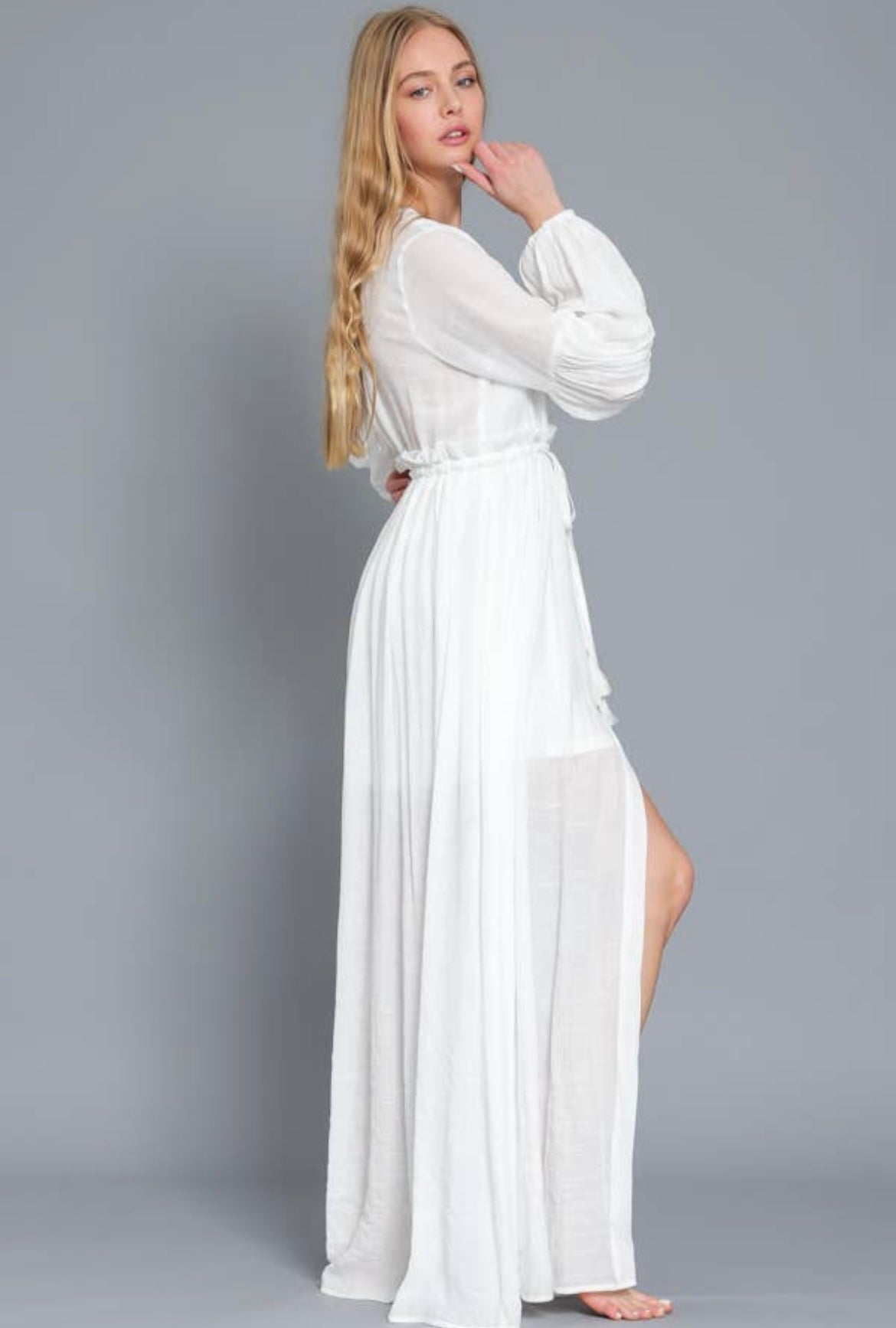 Off White Long Sleeve Lace Trim Maxi Dress
