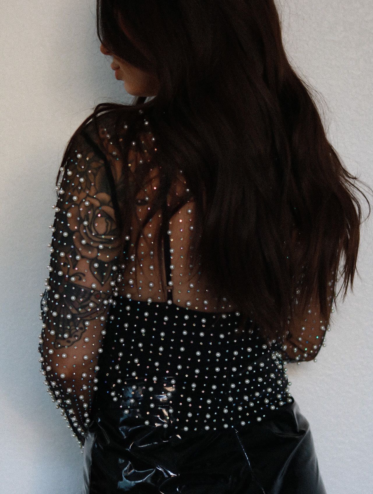 Cropped Mesh Sequins & Pearl Top