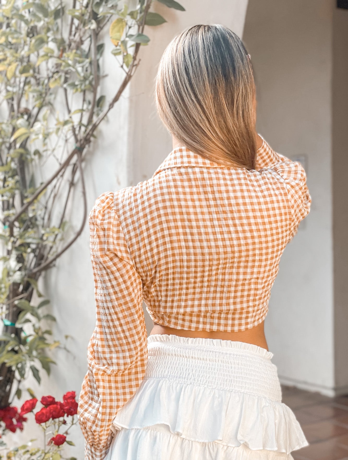 BRUNCH BABE GINGHAM TIE TOP