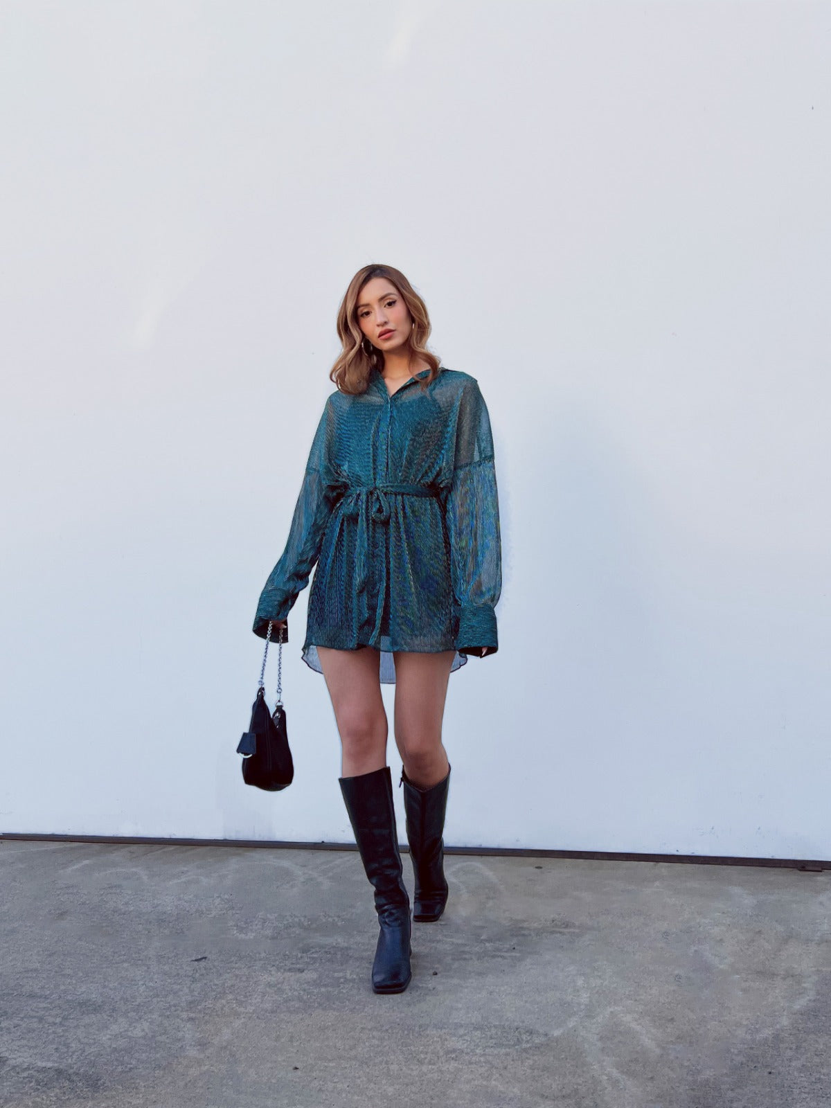Teal Rain Pleated Shirt Dress
