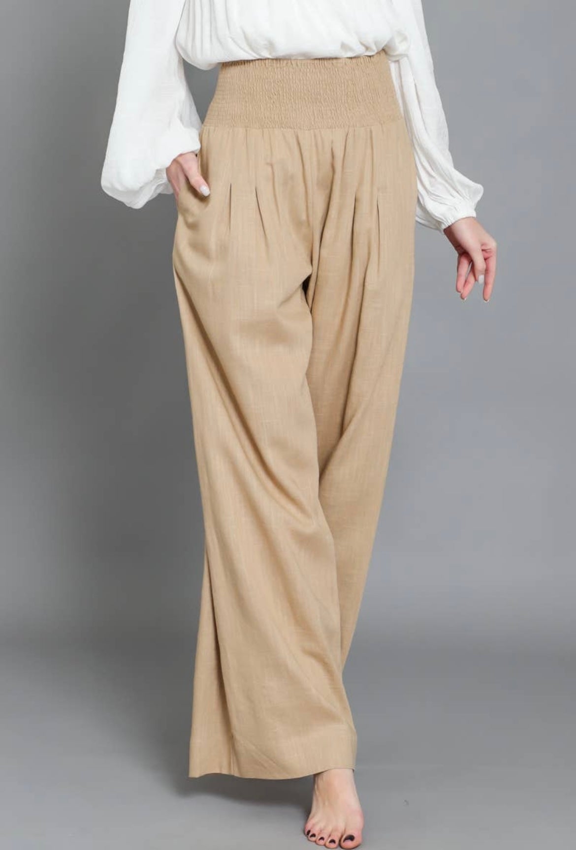 Camel Smocked Trousers